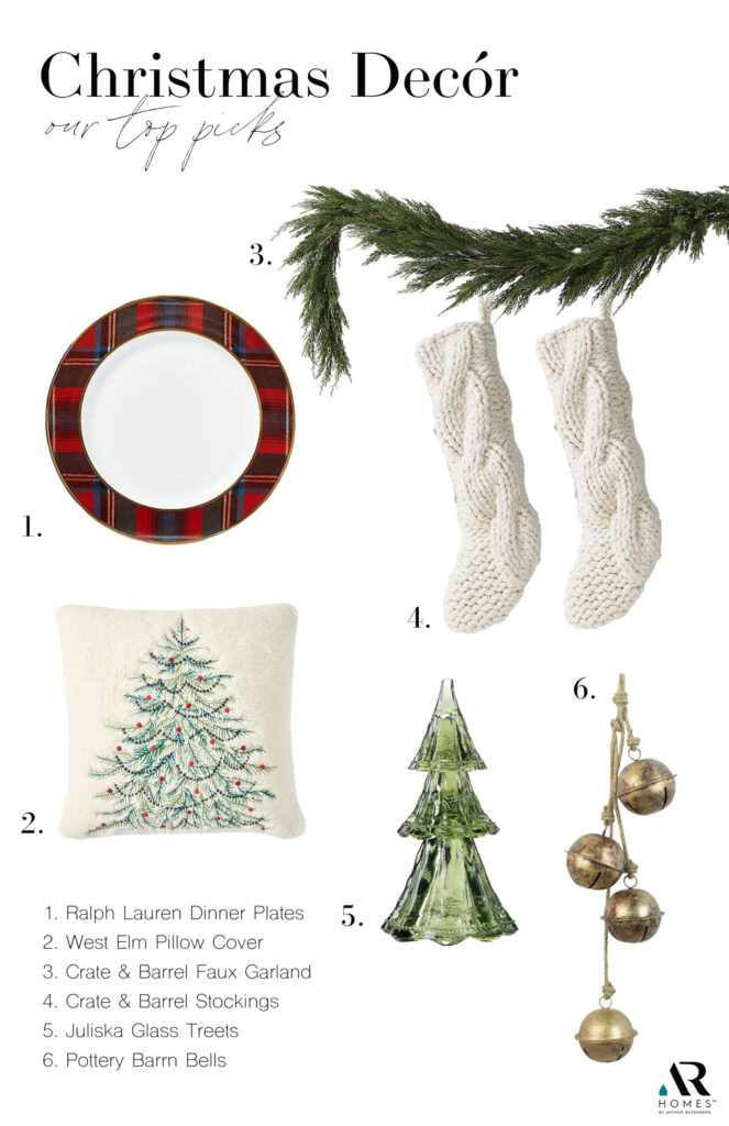 Holiday Decor Picks Ralph Lauren Alexander Dinner Plate: Ideal for an elegant holiday dinner. West Elm Festive Tree Pillow Cover: Adds festive charm to any room. Faux Cypress Garland: Brings a touch of nature indoors. Cozy Ivory Cable Knit Christmas Stocking: A timeless addition to your holiday traditions. Juliska Berry & Thread Small Tree Set: Perfect for a quaint holiday display. Pottery Barn Antique Bell Garland: Adds a unique and charming touch to your garland decorations.